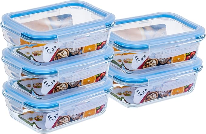 Artigo: Gato Panda KIT 5 Potes de Vidro Retangular com Tampa Hermética 640ml Branco ou Azul